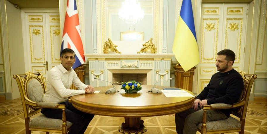 British Prime Minister Rishi Sunak and Ukrainian President Volodymyr Zelenskyy during talks in Kyiv on Jan. 12, 2024