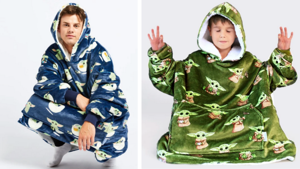 man and child wearing star wars baby Yoda hooded blankets from Oodie