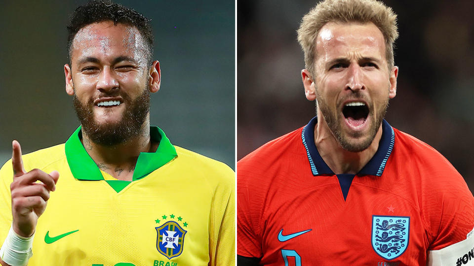 On the left is Brazil football star Neymar and England striker Harry Kane on the right.