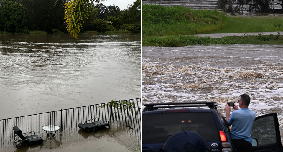 Left - a flooded patio next to a river on the Gold Coast. Right - a man filming the flooded river from his car.