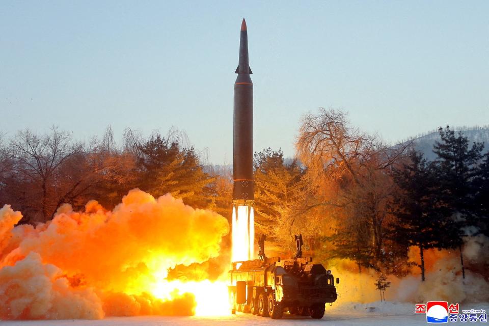 A view of what state news agency KCNA reports is the test firing of a hypersonic missile at an undisclosed location in North Korea, January 5, 2022