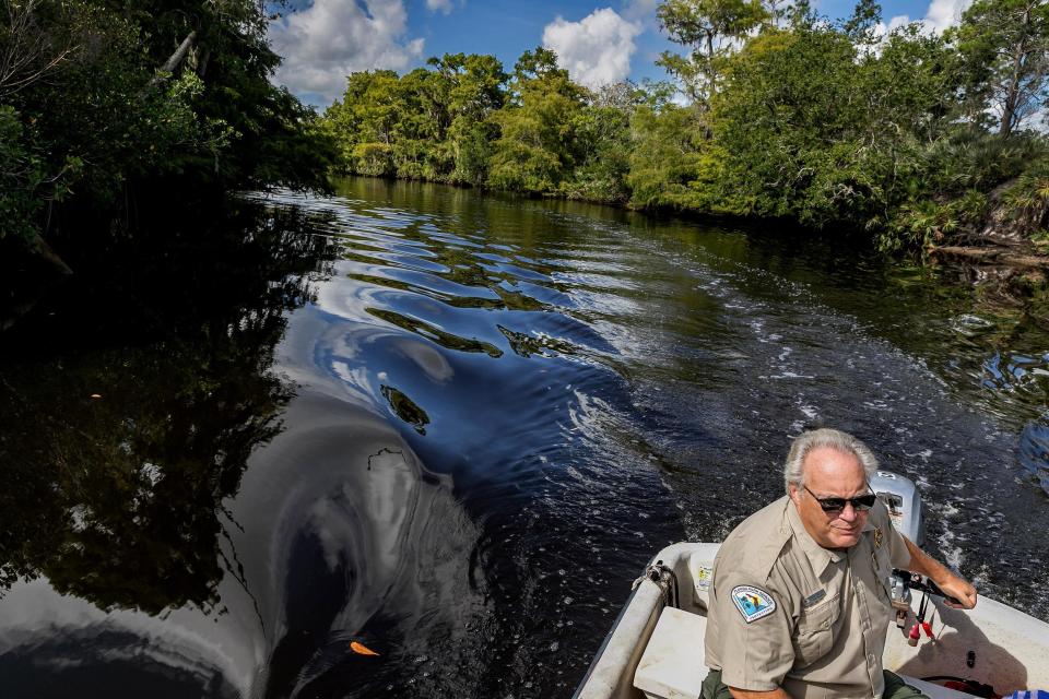 Park manager Mark Nelson guides his boat through the Loxahatchee River in Johnathan Dickinson State Park.