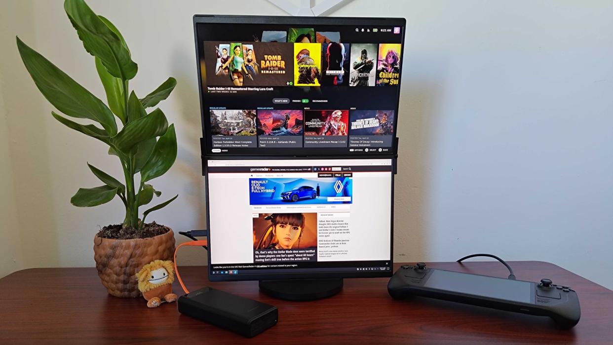  Jsaux FlipGo connected to Steam Deck on desk with GamesRadar+ home page and Steam Big Picture displayed. 