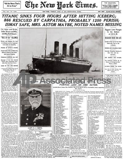 The front page of the New York Times breaking the news that the liner had sunk.