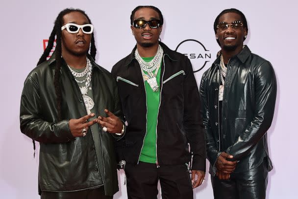 PHOTO: Migos band members Takeoff, Quavo and Offset, arrive at the BET Awards, June 27, 2021, in Los Angeles. (Jordan Strauss/Invision/AP, File)