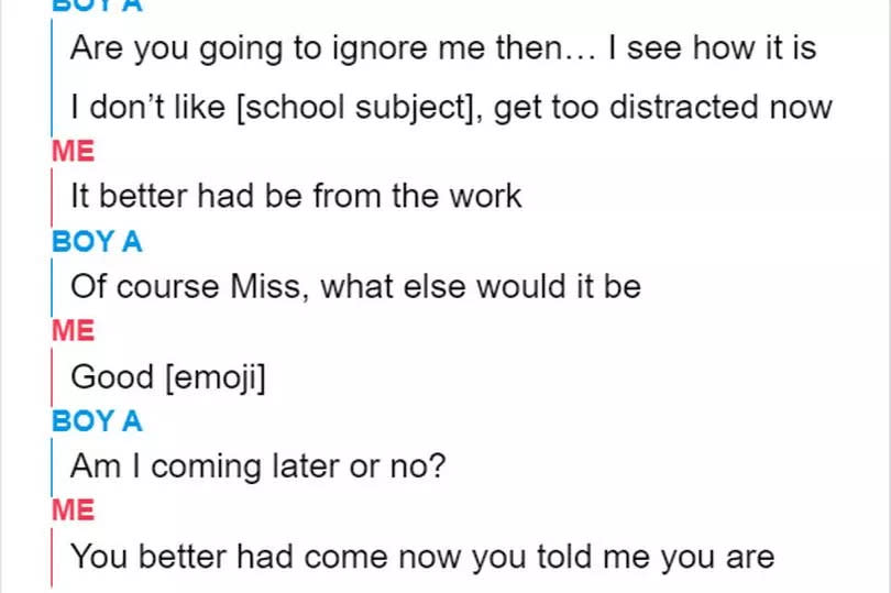 This is a mock-up of the Snapchat messages heard in court between Rebecca Joynes (noted as 'Me') and Boy A