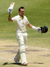 Australia's Marnus Labuschagne celebrates making a century against the West Indies on the 3rd day of their cricket test in Perth, Australia, Saturday, Dec. 3, 2022. (AP Photo/Gary Day)