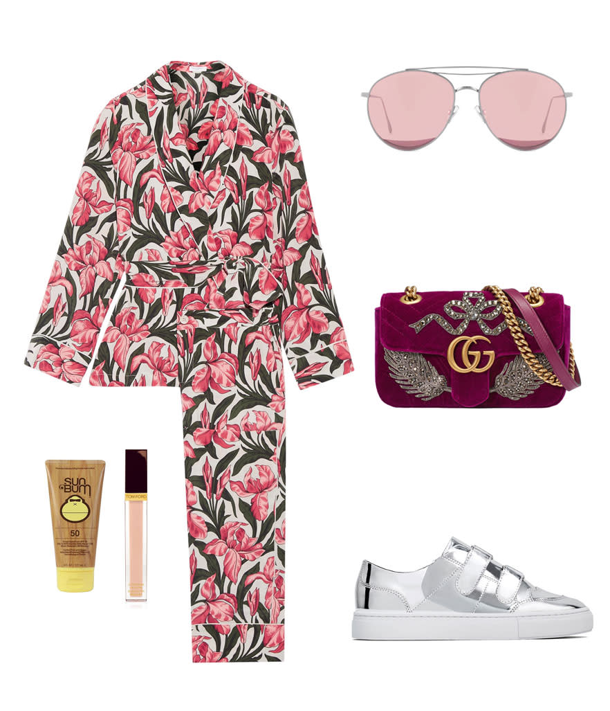 <p>If you want to make a statement, this one’s for you. We love this pajama set from Equipment and to ease the drama a bit, choose pink-hued lensed sunglasses instead of oversized ones like Salma. Keep the comfort streak going with a pair of metallic velcro-strap sneakers. </p>