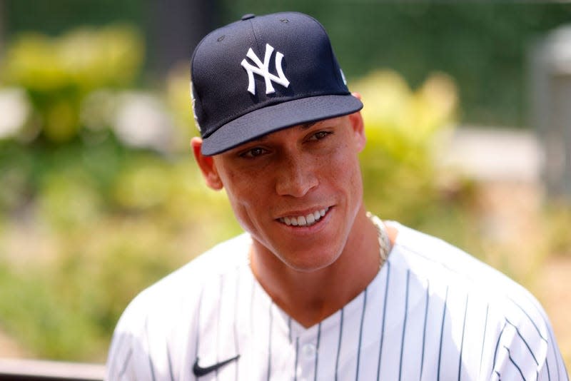 aron Judge #99 of the New York Yankees speaks to the media during the Gatorade All-Star Workout Day at Coors Field on July 12, 2021 in Denver, Colorado.