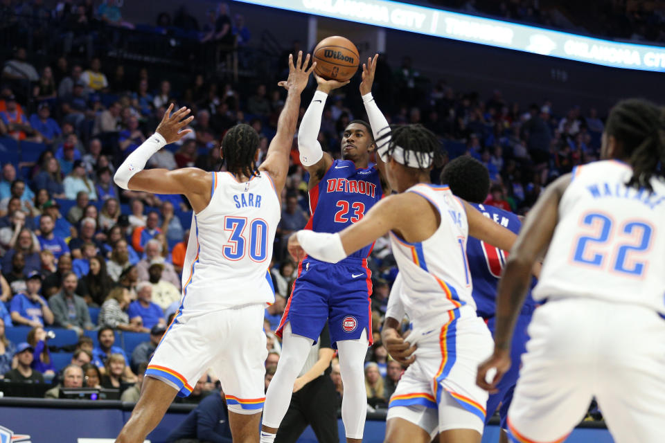 Oct 19, 2023; Tulsa, Oklahoma, USA; Detroit Pistons guard Jaden Ivey (23) shoots against the Oklahoma City Thunder in the first half at BOK Center. Mandatory Credit: Joey Johnson-USA TODAY Sports