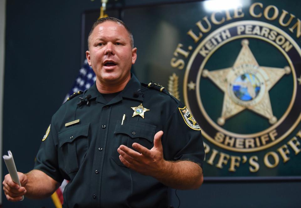 New St. Lucie County Sheriff Keith Pearson speaks at the St. Lucie County Sheriff's Office on Midway Road in Fort Pierce. "It's very humbling, but it’s also very exciting, knowing that we are going to be able to continue serving St. Lucie County at this level of excellency," Pearson said at the start of a media interview on Dec. 4, 2023, in Fort Pierce. Former St. Lucie County Sheriff Ken Mascara abruptly retired Dec. 1, citing ongoing health issues for his departure. Gov. Ron DeSantis appointed Pearson sheriff the same day.