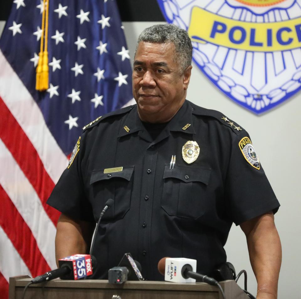 Chief of the Gainesville Police Department Lonnie Scott address questions from the media during a press conference revealing the findings of an internal investigation into the Terrell Bradley incident involving a GPD K-9 unit, at the GPD headquarters in Gainesville FL. Sept. 8, 2022.