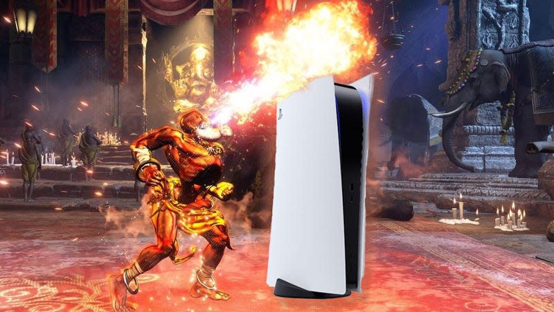 Dhalsim sprays fire on a PS5. 