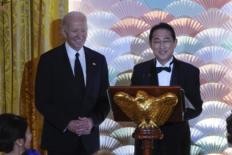 President Joe Biden listens as Japanese Prime Minister Fumio Kishida speaks ahead of a toast during a State Dinner at the White House, Wednesday, April 10, 2024, in Washington. (AP Photo/Evan Vucci)