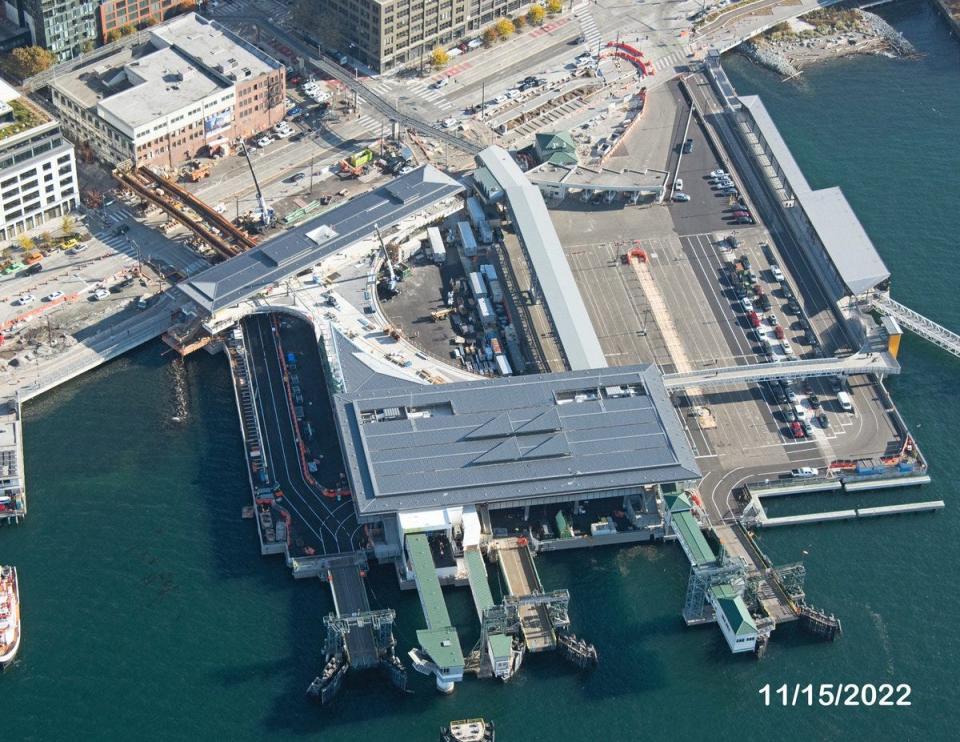 An aerial view of the Washington State Ferries terminal at Colman Dock on Tuesday.