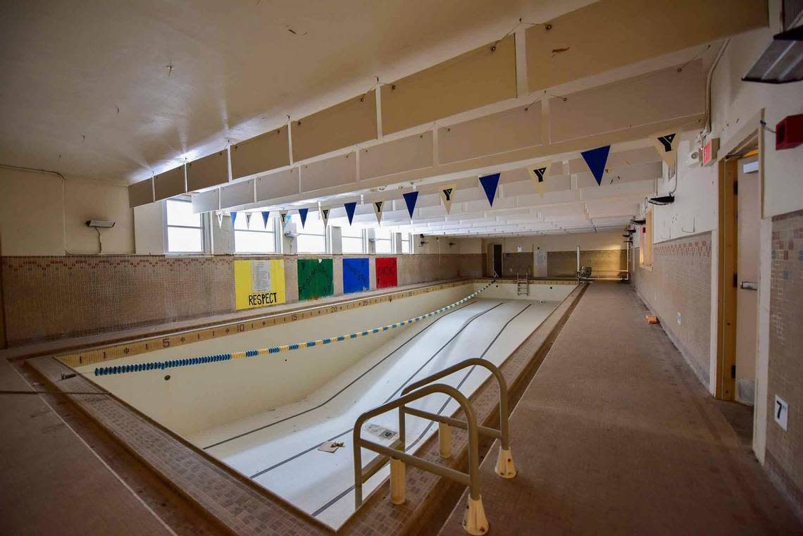 A 2019 photo shows the original swimming pool in the YMCA building. The pool was filled with concrete during the renovation of the building.