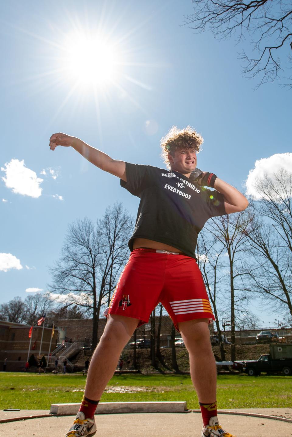 April 8, 2022; Oradell, NJ, USA; Benjamin "Benji" Shue, a freshman at Bergen Catholic and the state discus record holder, during track and field practice at Bergen Catholic. Mandatory Credit: Anne-Marie Caruso/NorthJersey.com via USA TODAY NETWORK