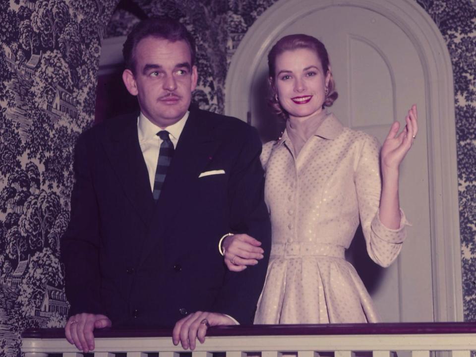 Prince Rainier and the future Princess Grace of Monaco shortly after their engagement was announced at her family's home.