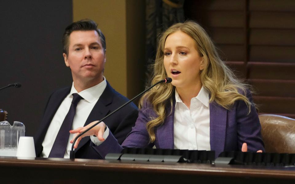 Senate Education Committee Chairman Adam Pugh and Vice Chair Ally Seifried are pictured Tuesday at a meeting at the Oklahoma Capitol.