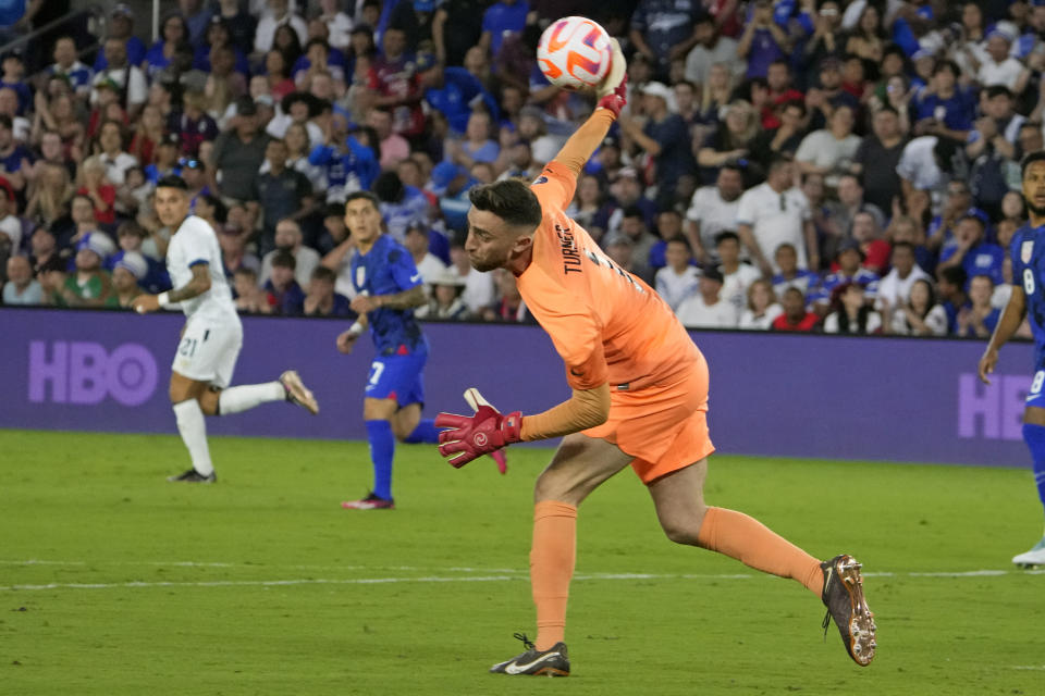 United States goalkeeper Matt Turner (1) clears the ball from his goal area during the first half of a CONCACAF Nations League soccer match against El Salvador, Monday, March 27, 2023, in Orlando, Fla. (AP Photo/John Raoux)