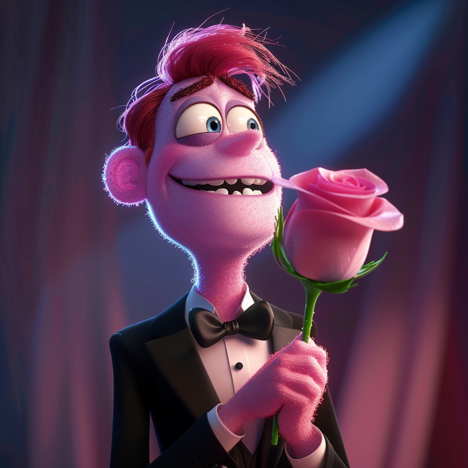 Animated character with pink fur and a tuxedo holds a rose in mouth, smiling in a spotlight