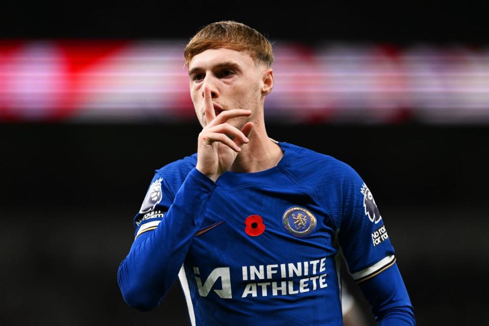 Cole Palmer shushing the Tottenham fans are scoring on Monday. (Chelsea FC via Getty Images)