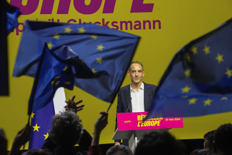 Raphael Glucksmann, lead candidate of the French Socialist Party for the upcoming European election, speaks during a meeting in Paris, Thursday, May 30, 2024.