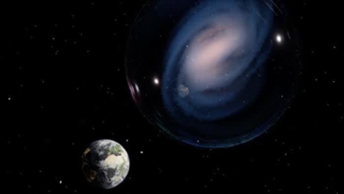 Eine künstlerische Interpretation einer Balkenspiralgalaxie, die im Inneren einer Blase gezeichnet ist. Die Erde ist außerhalb der Blase gezeichnet, um die Verbindung zwischen ceers-2112 und der Milchstraße darzustellen. - Copyright: UCA COSTANTIN/CAB/CSIC-INTA