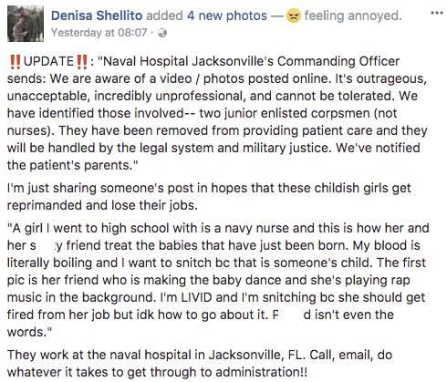 The full post that exposed the two hospital workers. Source: Facebook / Denisa Shellito