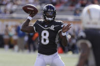 AFC quarterback Lamar Jackson, of the Baltimore Ravens, (8) looks to pass, during the first half of the NFL Pro Bowl football game against the NFC, Sunday, Jan. 26, 2020, in Orlando, Fla. (AP Photo/Chris O'Meara)