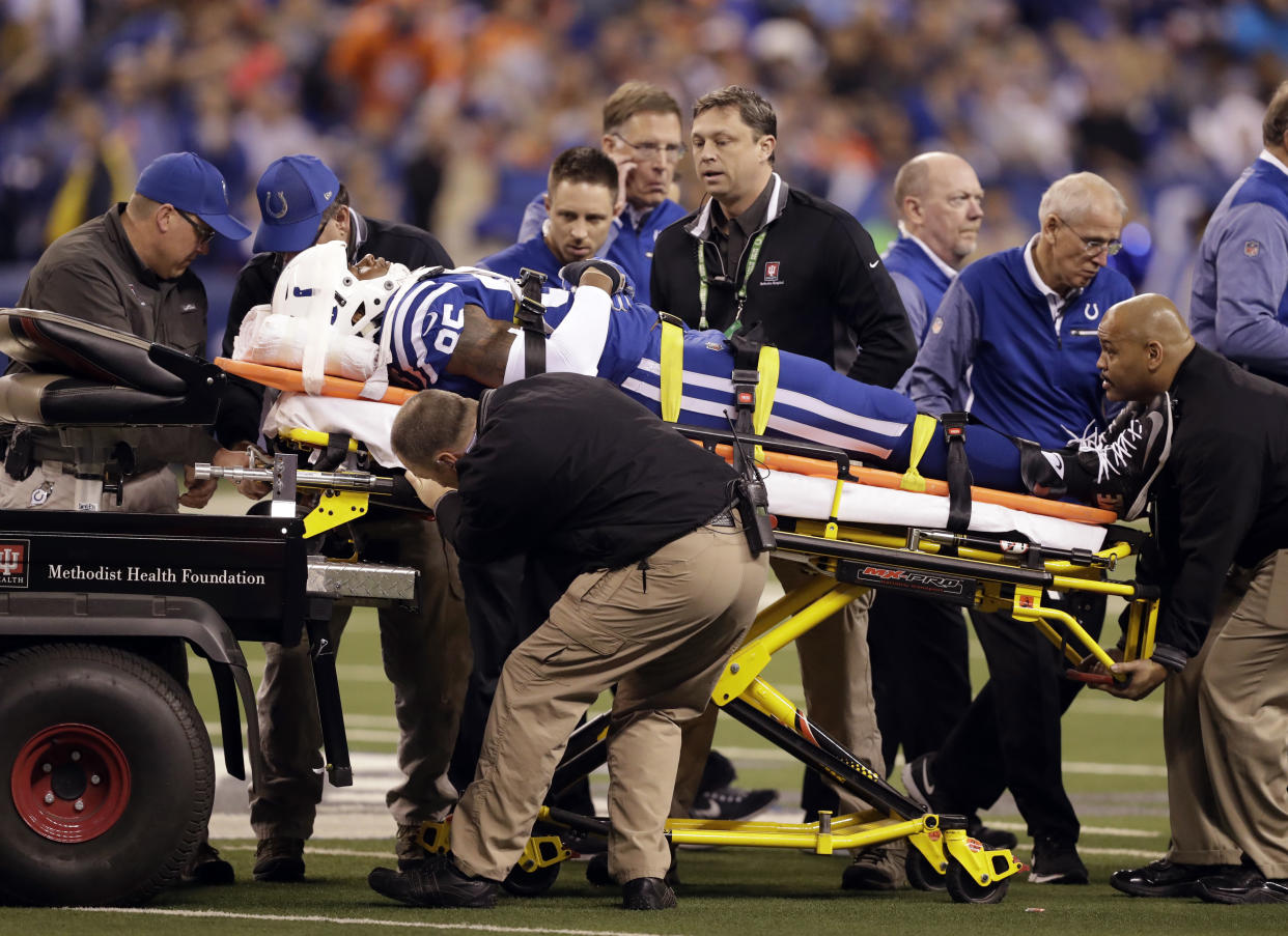 Indianapolis Colts tight end Brandon Williams is taken off the field after being injured during the first half of a “Thursday Night Football” game against the Denver Broncos in December. (AP)