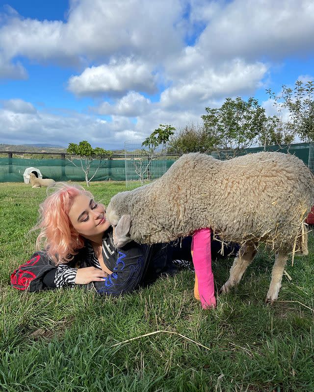 Australian model Stefania Ferrario with an injured lamb