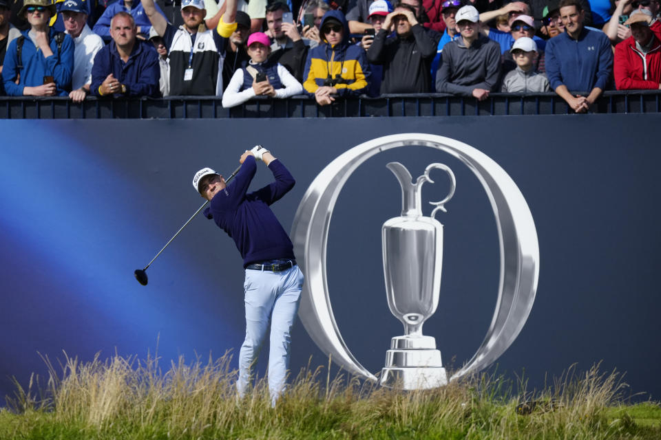 United States' Justin Thomas plays from the 8th tee on the first day of the British Open Golf Championships at the Royal Liverpool Golf Club in Hoylake, England, Thursday, July 20, 2023. (AP Photo/Jon Super)