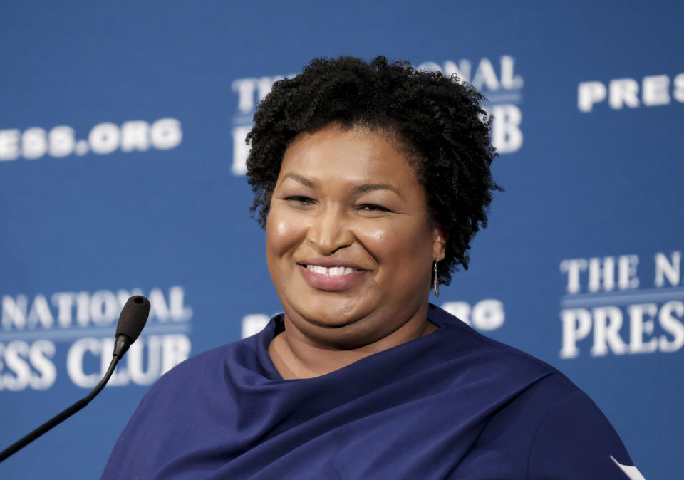 FILE - In this Nov. 15, 2019, file photo, former Georgia House Democratic Leader Stacey Abrams, speaks at the National Press Club in Washington. Neither public rivals nor personal friends, Keisha Lance Bottoms and Abrams spent years climbing parallel ladders from nearby outposts at Atlanta City Hall and the Georgia Capitol. Now the Atlanta mayor and the former Georgia governor candidate find themselves at the same political intersection on Joe Biden's list of potential running mates. (AP Photo/Michael A. McCoy, File)