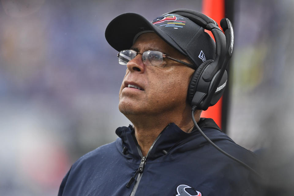 Houston Texans head coach David Culley looks on during the first half of an NFL football game against the Buffalo Bills, Sunday, Oct. 3, 2021, in Orchard Park, N.Y. (AP Photo/Adrian Kraus)