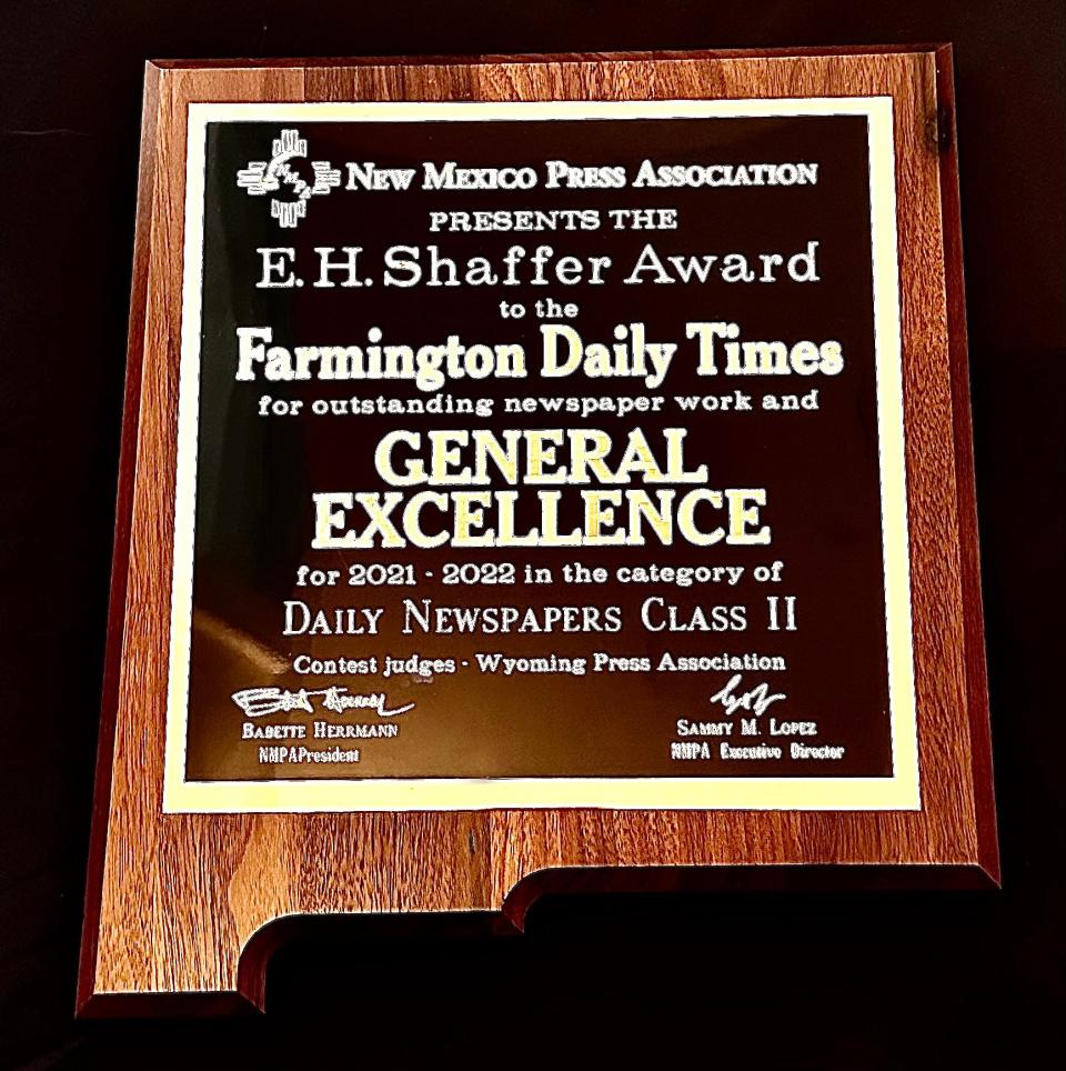 The Farmington Daily Times brought home its fourth E. H. Shaffer Award for General Excellence in six contest years from the New Mexico Press Association during an awards banquet on Nov. 12 in Santa Fe.