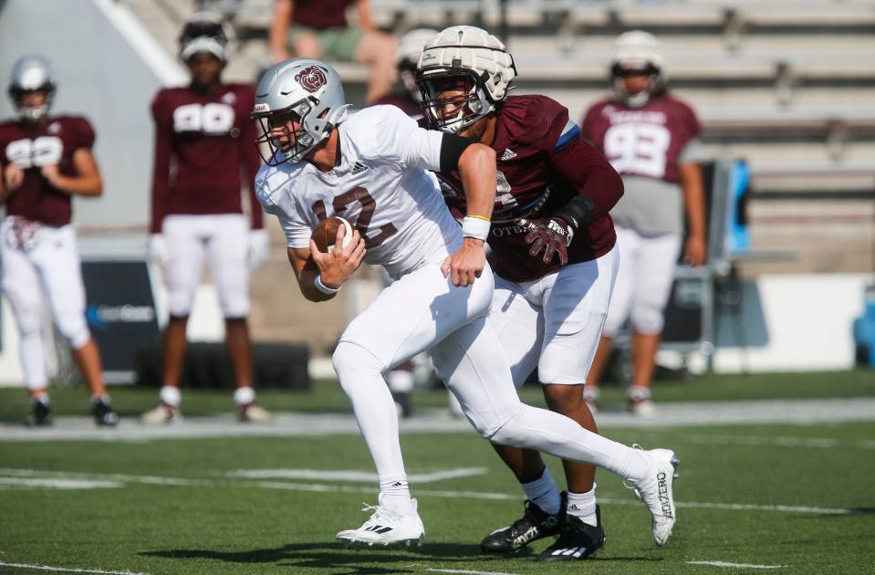 Missouri State quarterback Jacob Clark during football practice at Plaster Field on Saturday, Aug. 19, 2023.