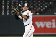 Baltimore Orioles second baseman Jahmai Jones bobbles a base hit by Texas Rangers' Isiah Kiner-Falefa during the first inning of a baseball game, Thursday, Sept. 23, 2021, in Baltimore. (AP Photo/Terrance Williams)