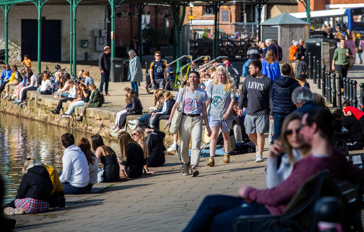 People enjoy the sunshine at the Exeter Quay in Devon. (Getty)