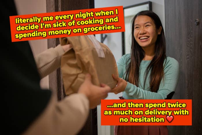 Woman receiving a packaged food delivery with a smile at her doorway