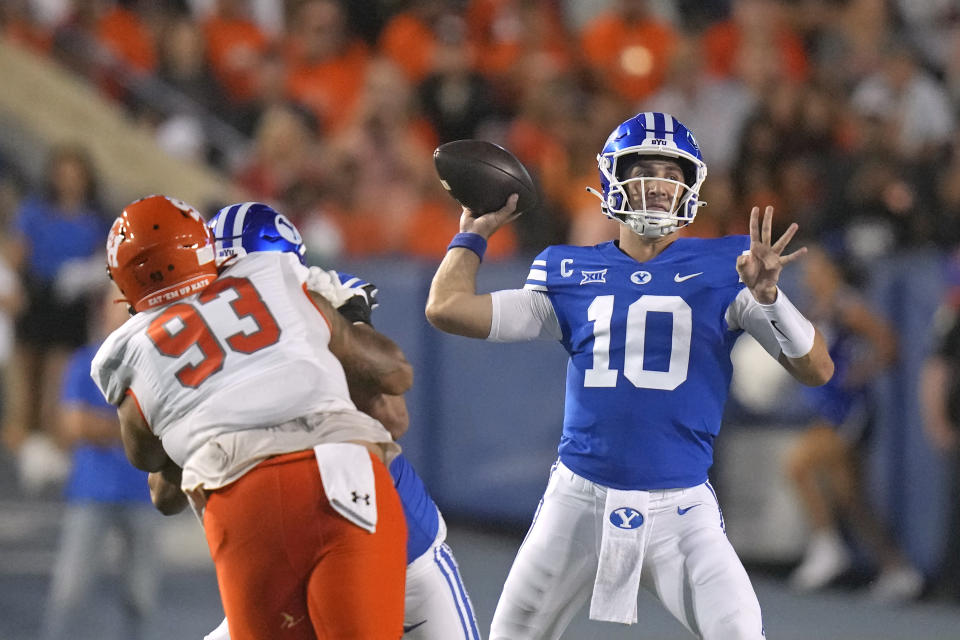 BYU quarterback Kedon Slovis (10) throws a pass against Sam Houston State during the first half of an NCAA college football game Saturday, Sept. 2, 2023, in Provo, Utah. (AP Photo/Rick Bowmer)