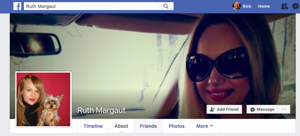 The profile picture for “Ruth Margaut” appears to belong to a Romanian actress. This account has no friends and provides no personal information — classic signs of a fake.