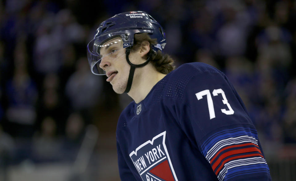 New York Rangers center Matt Rempe takes a break during the first period of an NHL hockey game against the St. Louis Blues, Saturday, March 9, 2024, in New York. (AP Photo/John Munson)