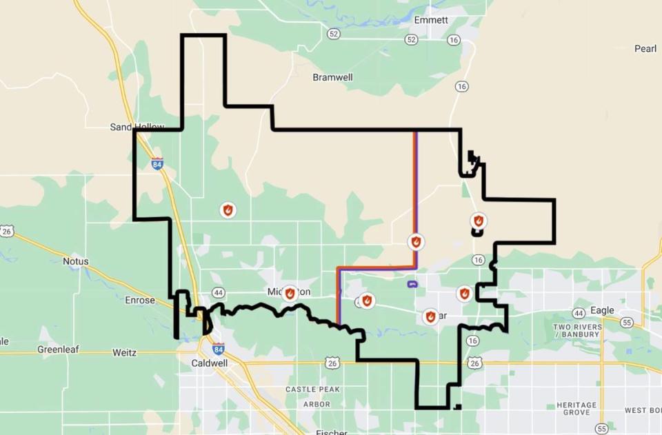 The map shows the jurisdiction of the Middleton Star Rural Fire District. The district covers 110 square miles.