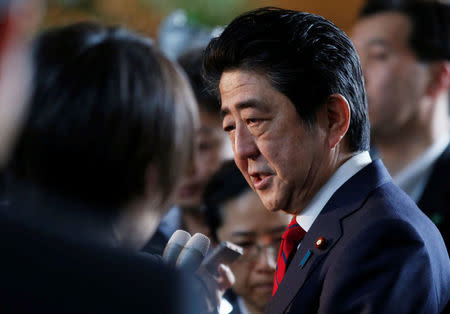 Japan's Prime Minister Shinzo Abe speaks on reports of the launch of a North Korean missile to reporters , at his official residence in Tokyo, Japan May 29, 2017. REUTERS/Toru Hanai