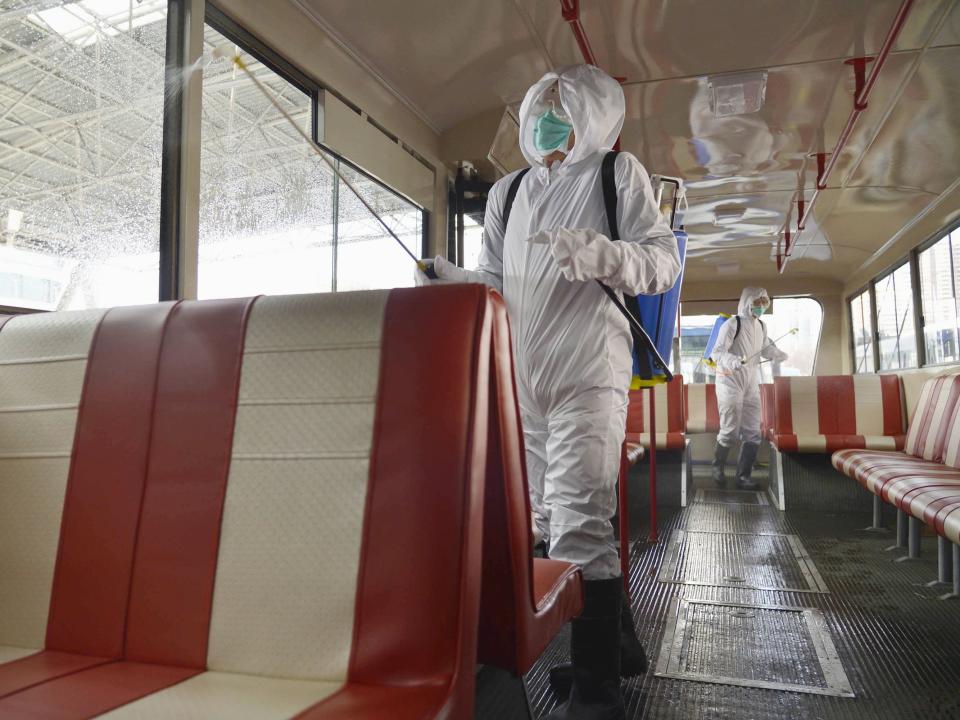 A trolley bus is disinfected in Pyongyang, North Korea, on February 22, 2020, amid fears over the spread of a new coronavirus.