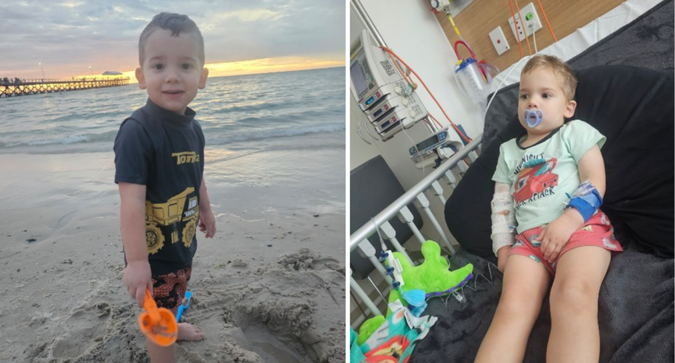 PJ at the beach (left) and lying in a hospital bed (right).