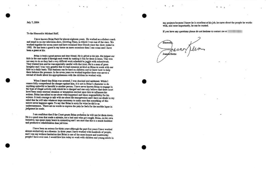 Joanna Kerns' letter to the judge in support of Brian Peck.