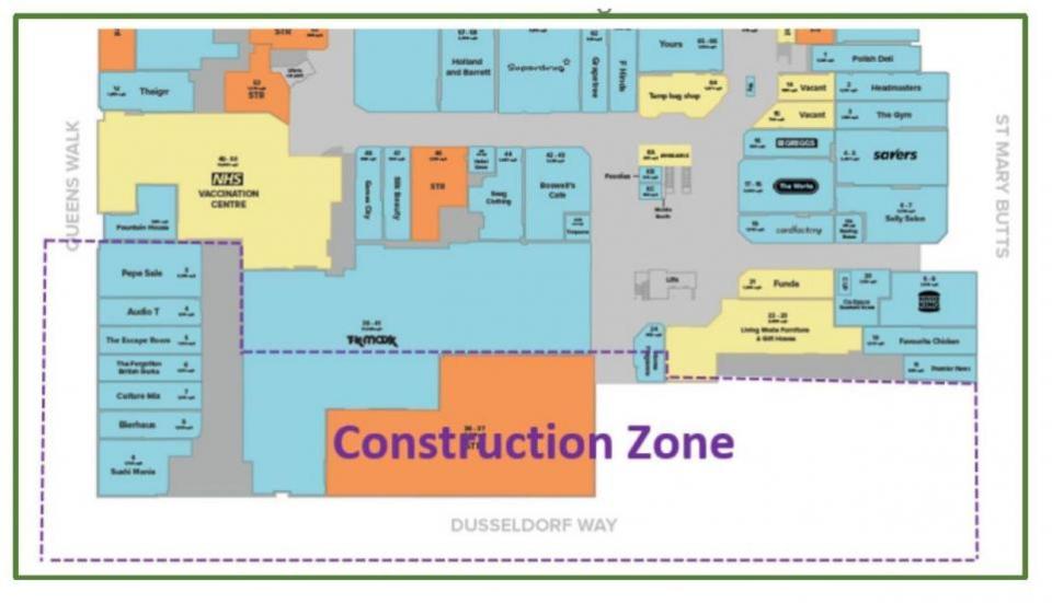 Reading Chronicle: A plan showing the construction zone for the project to add four towers to Broad Street Mall in Reading. It is understood businesses in the zone would have to close or relocate. Credit: Trium