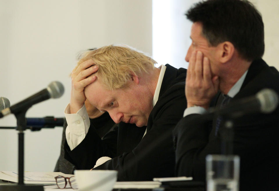 Lord Sebastian Coe (right) and Boris Johnson during the Get Ahead of the Games - Plan Your Travel in 2012 Event, an initiative to explain to commuters and the travelling public across London and the UK how transport networks will operate during Games-time and how they should plan their travel, at the German Gymnasium, Pancras Way, London.